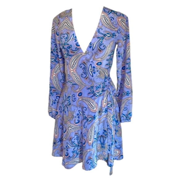 YUMI KIM Paisley Wrap Dress Silk Lavender Purple Pink Black Gold L 8 10 - Picture 10 of 11